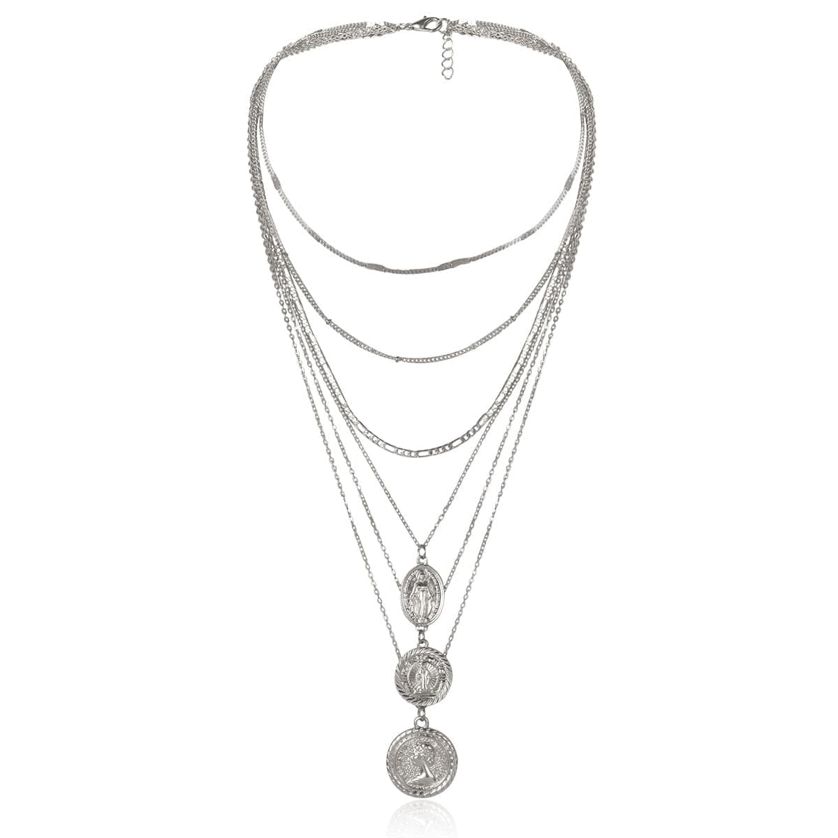 Silver-Plated Mary & Saint Figure Layered Pendant Necklace