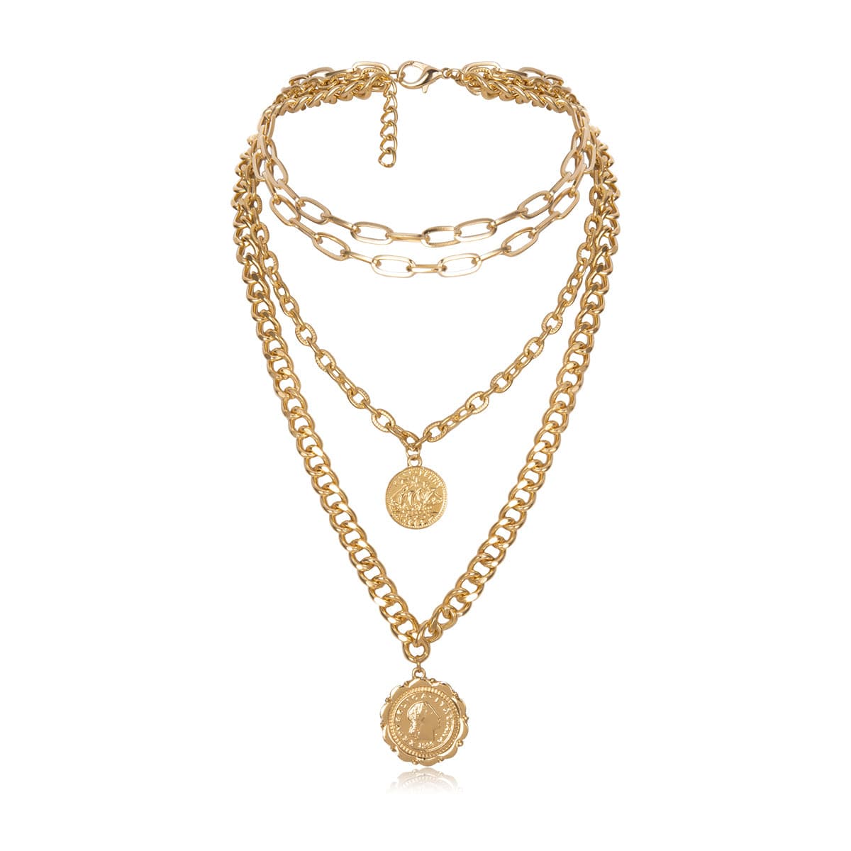18K Gold-Plated Figaro-Chain Coin Layered Pendant Necklace