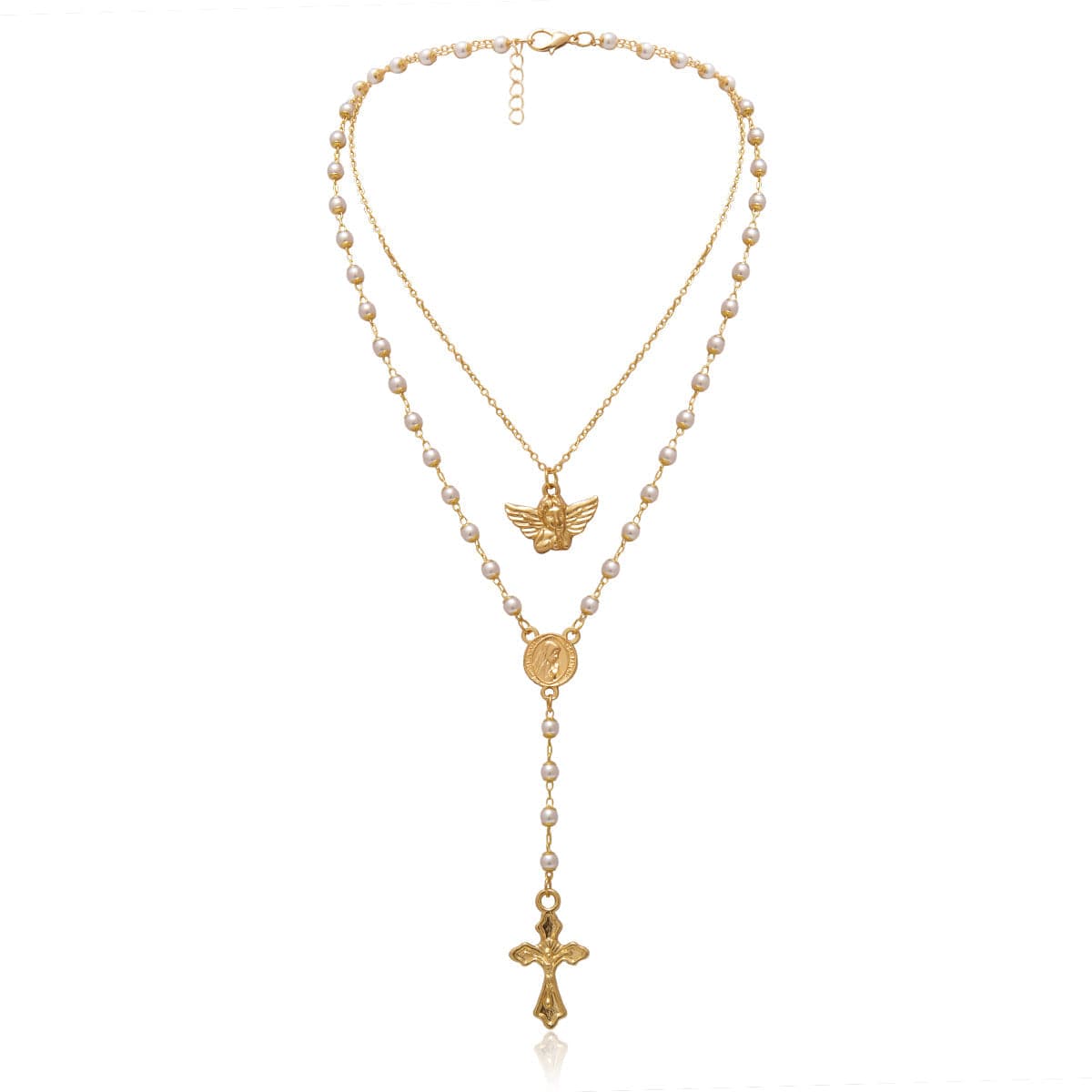 Pearl & 18K Gold-Plated Cross Layered Station Pendant Necklace