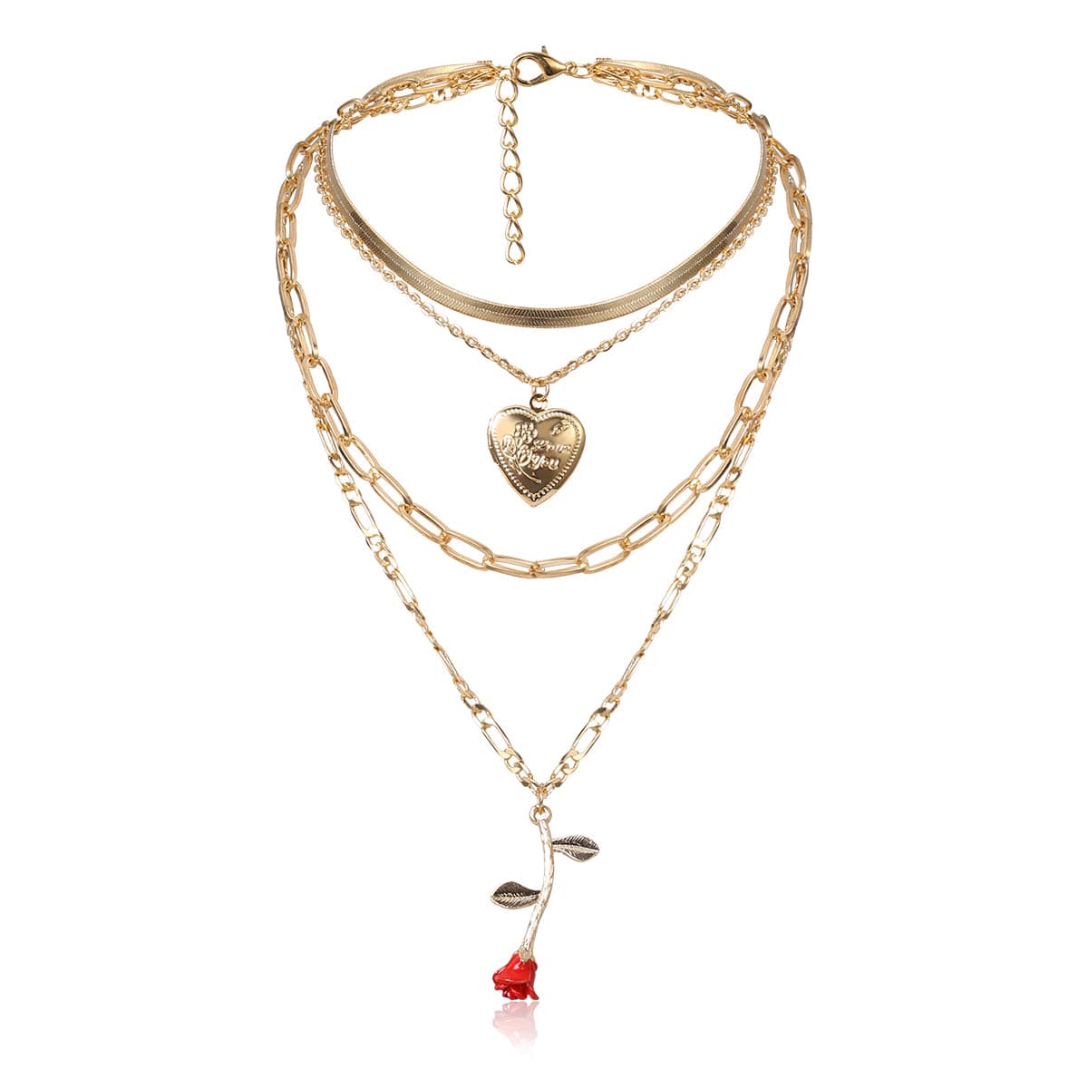 Red Enamel & 18K Gold-Plated Rose Heart Layered Pendant Necklace
