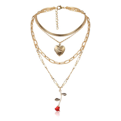 Red Enamel & 18K Gold-Plated Rose Heart Layered Pendant Necklace