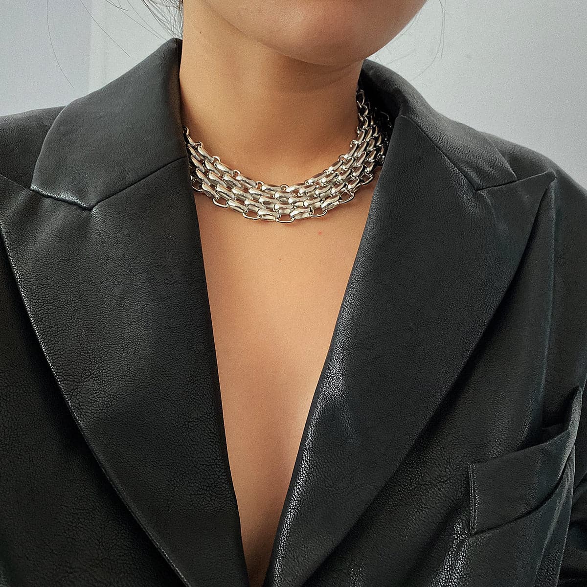 Silver-Plated Five-Row Chain Link Choker Necklace, silver pendant necklace for women, elegant gift for her, side view
