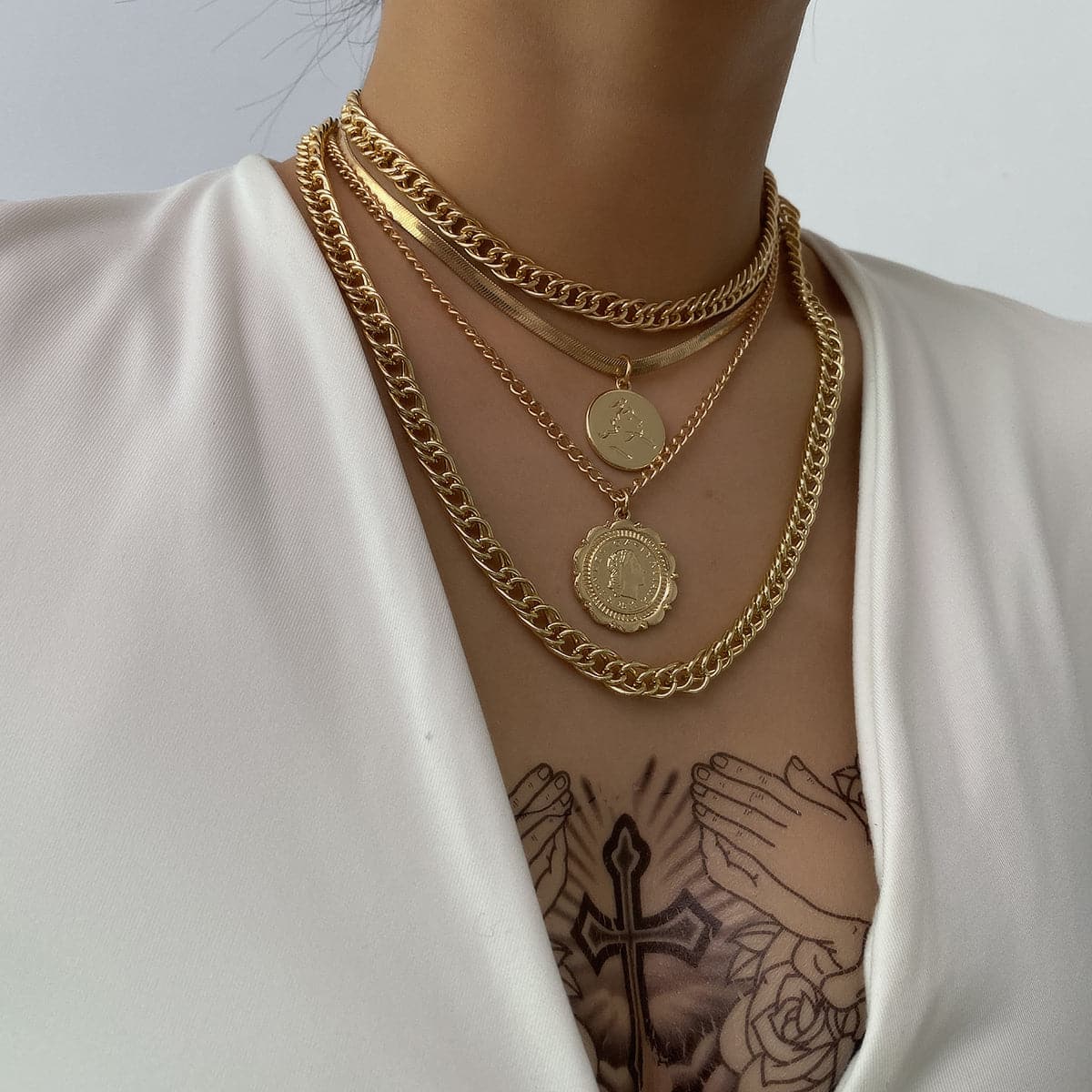 18K Gold-Plated Coins Layered Pendant Necklace, gold pendant necklace for women, botanical inspired, front view