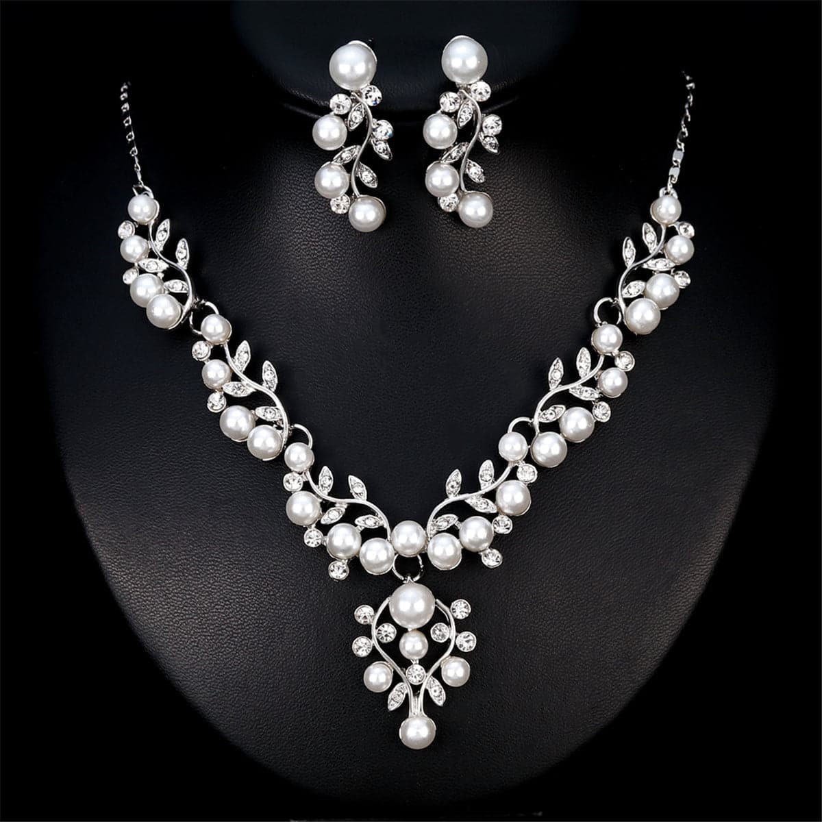 Cubic Zirconia and Pearl Cluster Rattan Drop Earrings and Statement Necklace, drop earrings for women, detail close-up