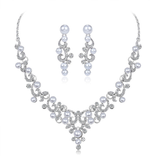 Cubic Zirconia and Pearl Rattan Drop Earrings and Statement Necklace, drop earrings for women, botanical inspired, front view