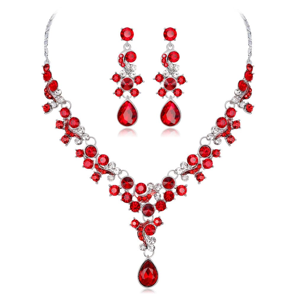 Red Crystal and Cubic Zirconia Flower Drop Earrings and Necklace Set, drop earrings for women, botanical inspired, side view