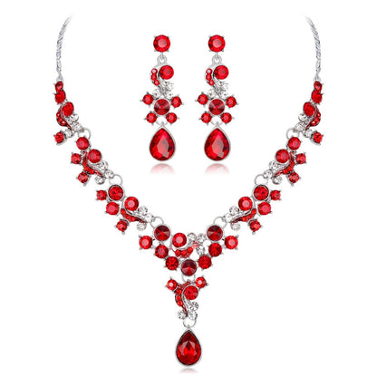 Red Crystal and Cubic Zirconia Flower Drop Earrings and Necklace Set, drop earrings for women, botanical inspired, side view