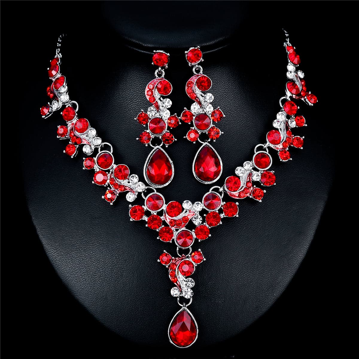 Red Crystal and Cubic Zirconia Flower Drop Earrings and Necklace Set, drop earrings for women, botanical inspired, front view