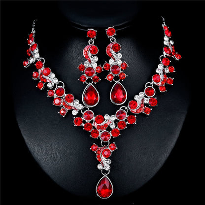 Red Crystal and Cubic Zirconia Flower Drop Earrings and Necklace Set, drop earrings for women, botanical inspired, front view