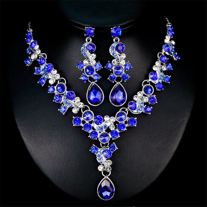 Blue Crystal and Cubic Zirconia Drop Earrings and Statement Necklace, drop earrings for women, front view