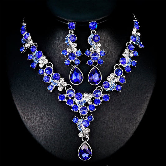 Blue Crystal and Cubic Zirconia Drop Earrings and Statement Necklace, drop earrings for women, front view