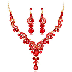Red Crystal & Cubic Zirconia Botany Dangle Earring & Statement Necklace Set