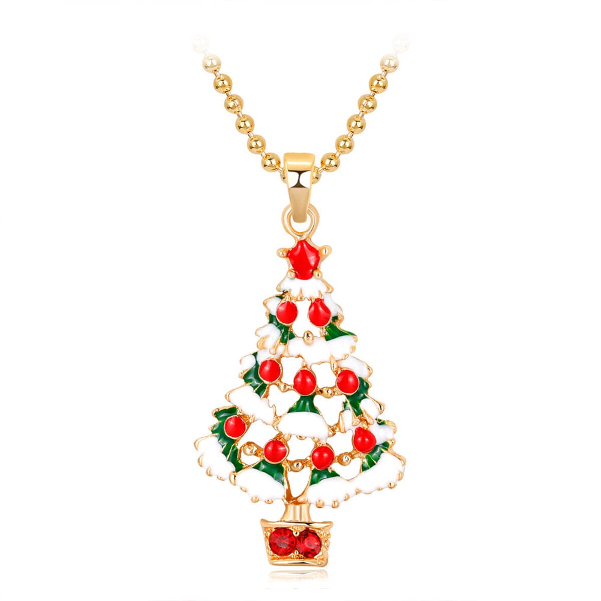 Red Cubic Zirconia & Enamel 18K Gold-Plated Open Christmas Tree Pendant Necklace