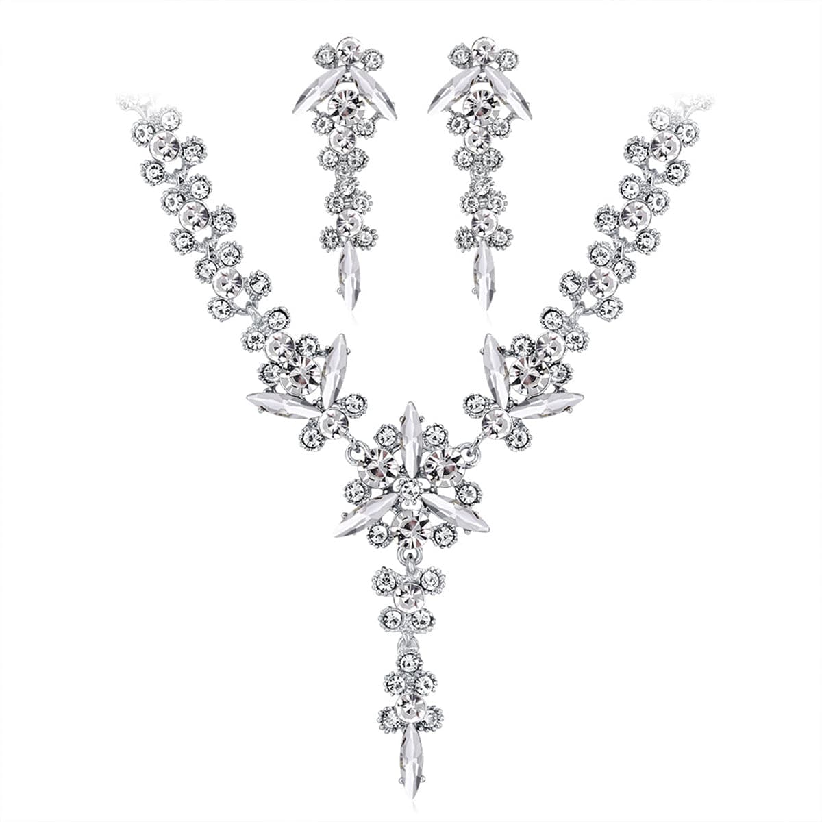 Crystal and Crystal Silver-Plated Botany Drop Earrings and Necklace, silver drop earrings for women, detail close-up