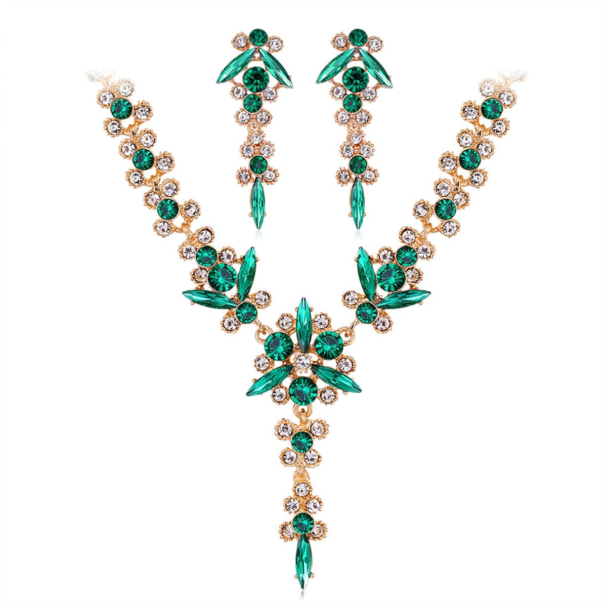 Green Crystal and Cubic Zirconia Lariat Necklace Set, drop earrings for women, vintage-inspired design, front view