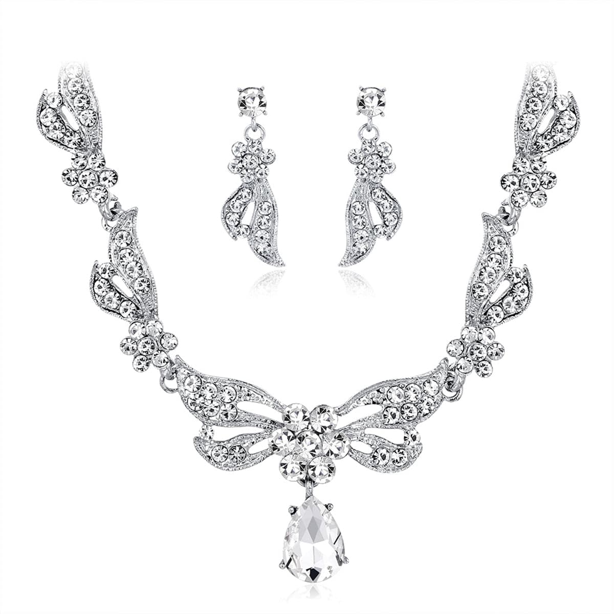 Crystal and Silver-Plated Wing Drop Earrings and Butterfly Necklace, silver drop earrings for women, detail close-up