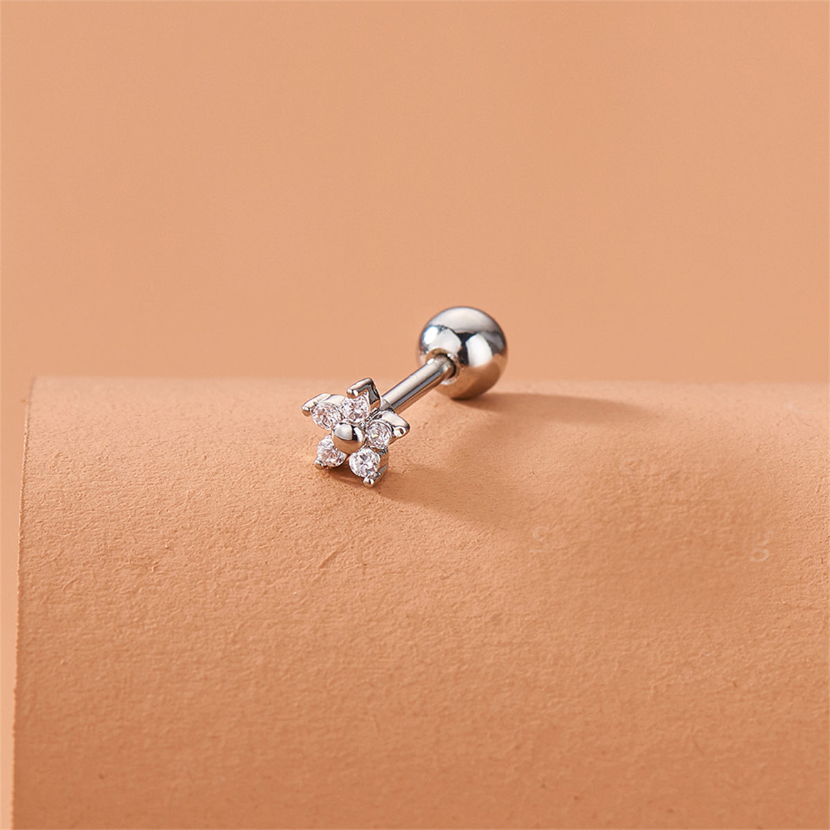 Cubic Zirconia and Silver-Plated Flower Stud Earrings, silver stud earrings for women, dainty minimalist design, side view