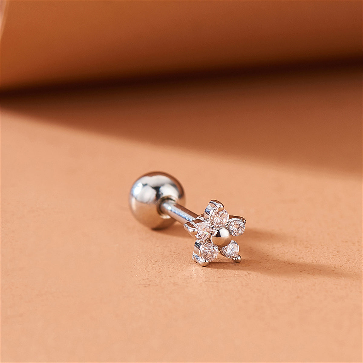 Cubic Zirconia and Silver-Plated Flower Stud Earrings, silver stud earrings for women, detail close-up