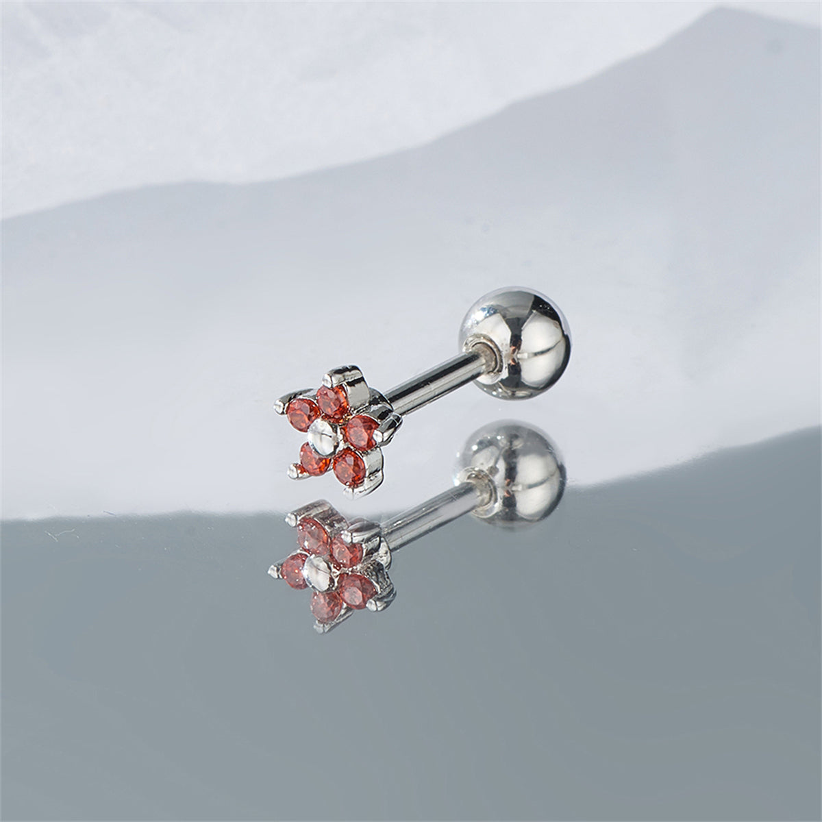 Red Cubic Zirconia and Silver-Plated Star Stud Earrings, silver stud earrings for women, detail close-up