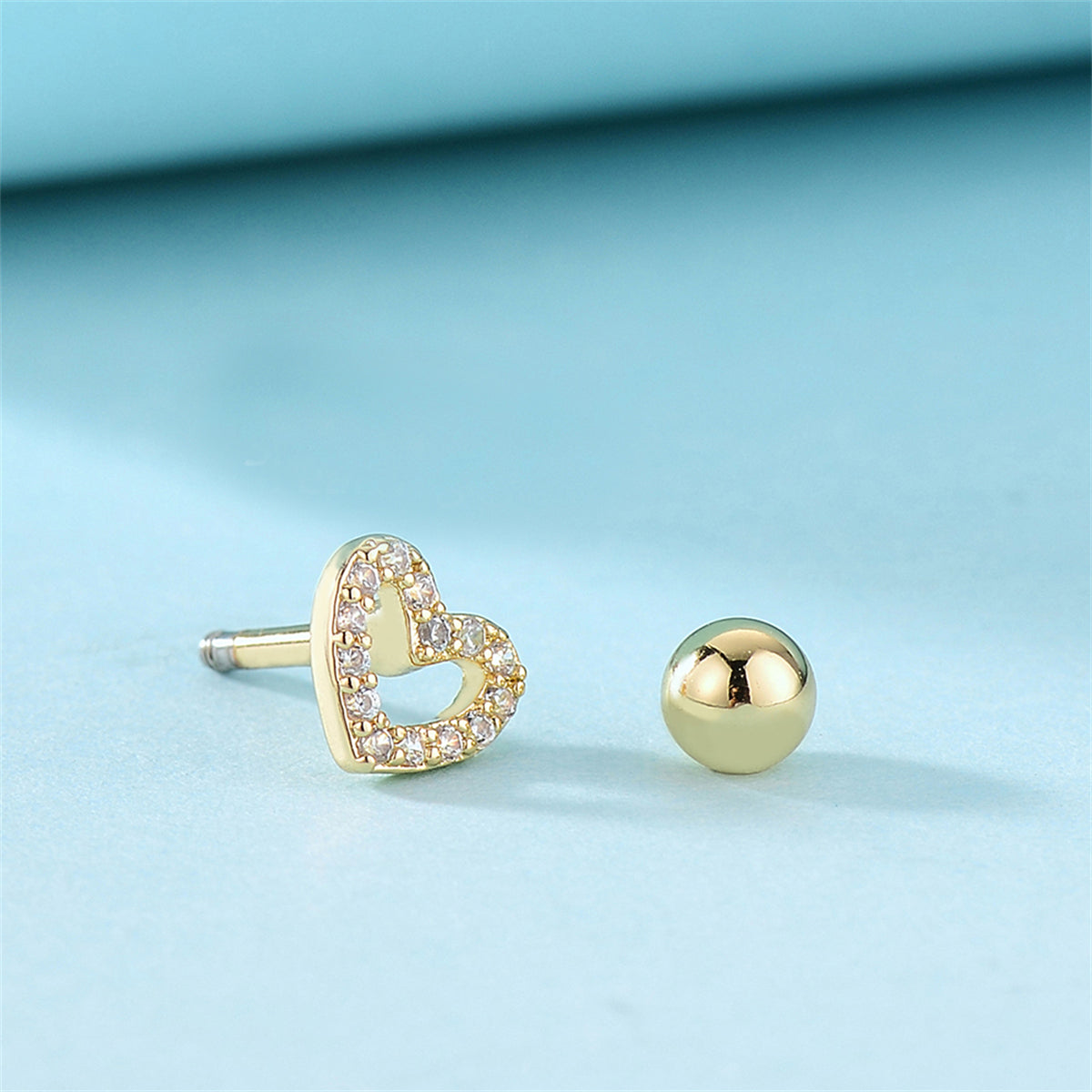 Cubic Zirconia and 18K Gold-Plated Open Heart Barbell Stud Earring, gold stud earrings for women, side view