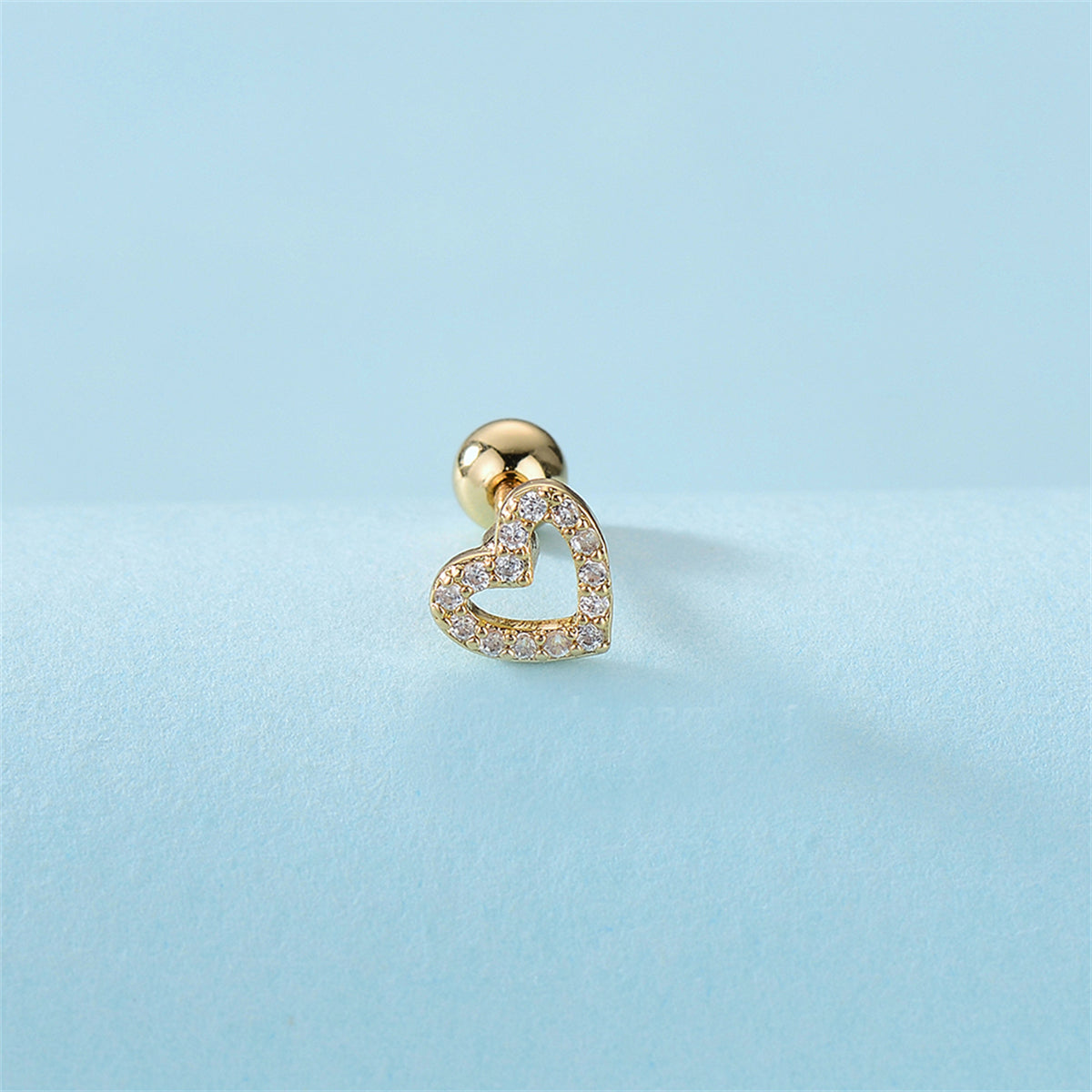 Cubic Zirconia and 18K Gold-Plated Open Heart Barbell Stud Earring, gold stud earrings for women, detail close-up