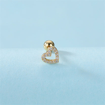 Cubic Zirconia and 18K Gold-Plated Open Heart Barbell Stud Earring, gold stud earrings for women, detail close-up