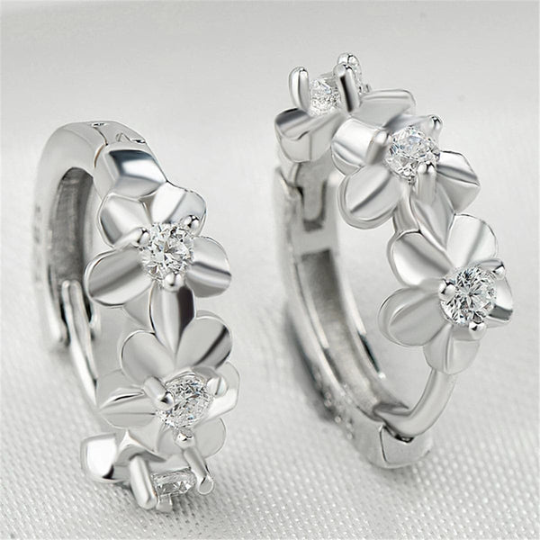 Cubic Zirconia & Sterling Silver Flower Huggie Earrings