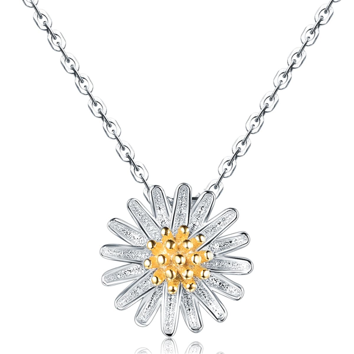 Elegant white and yellow daisy pendant with a gold center, crafted in 18K gold-plated sterling silver for a stunning look.