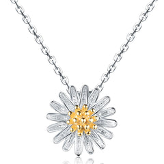 Elegant white and yellow daisy pendant with a gold center, crafted in 18K gold-plated sterling silver for a stunning look.