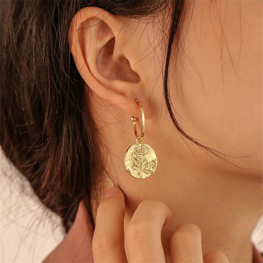 18K Gold-Plated Rose Drop Earrings, gold drop earrings for women, dainty minimalist design, front view