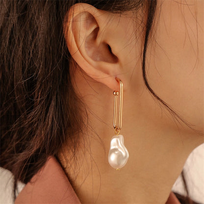 Pearl and 18K Gold-Plated Drop Earrings, gold drop earrings for women, dainty minimalist design, front view