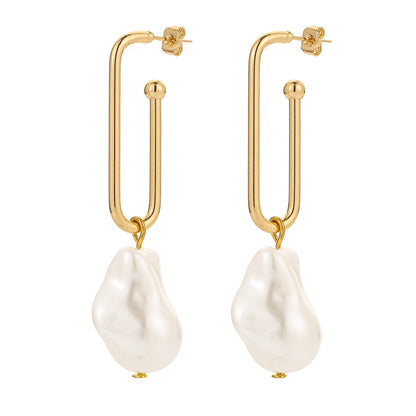 Pearl and 18K Gold-Plated Drop Earrings, gold drop earrings for women, dainty minimalist design, side view