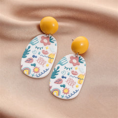 Yellow & Teal Botanical Oval Drop Earrings