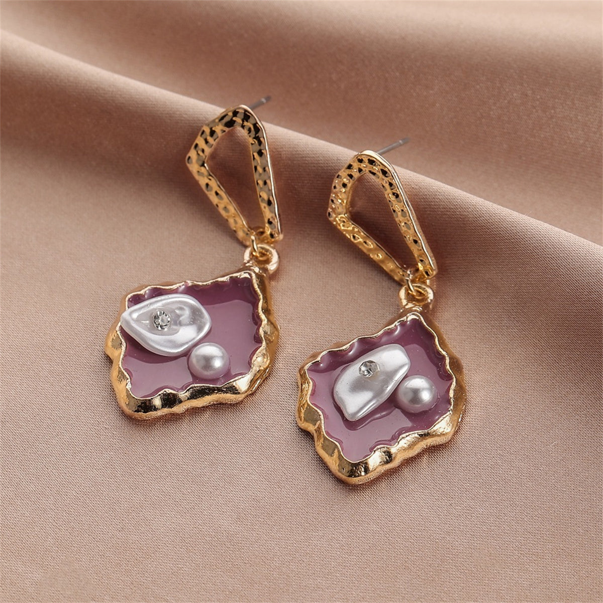 Purple Enamel & Pearl Cubic Zirconia-Accent Drop Earrings