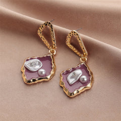 Purple Enamel & Pearl Cubic Zirconia-Accent Drop Earrings