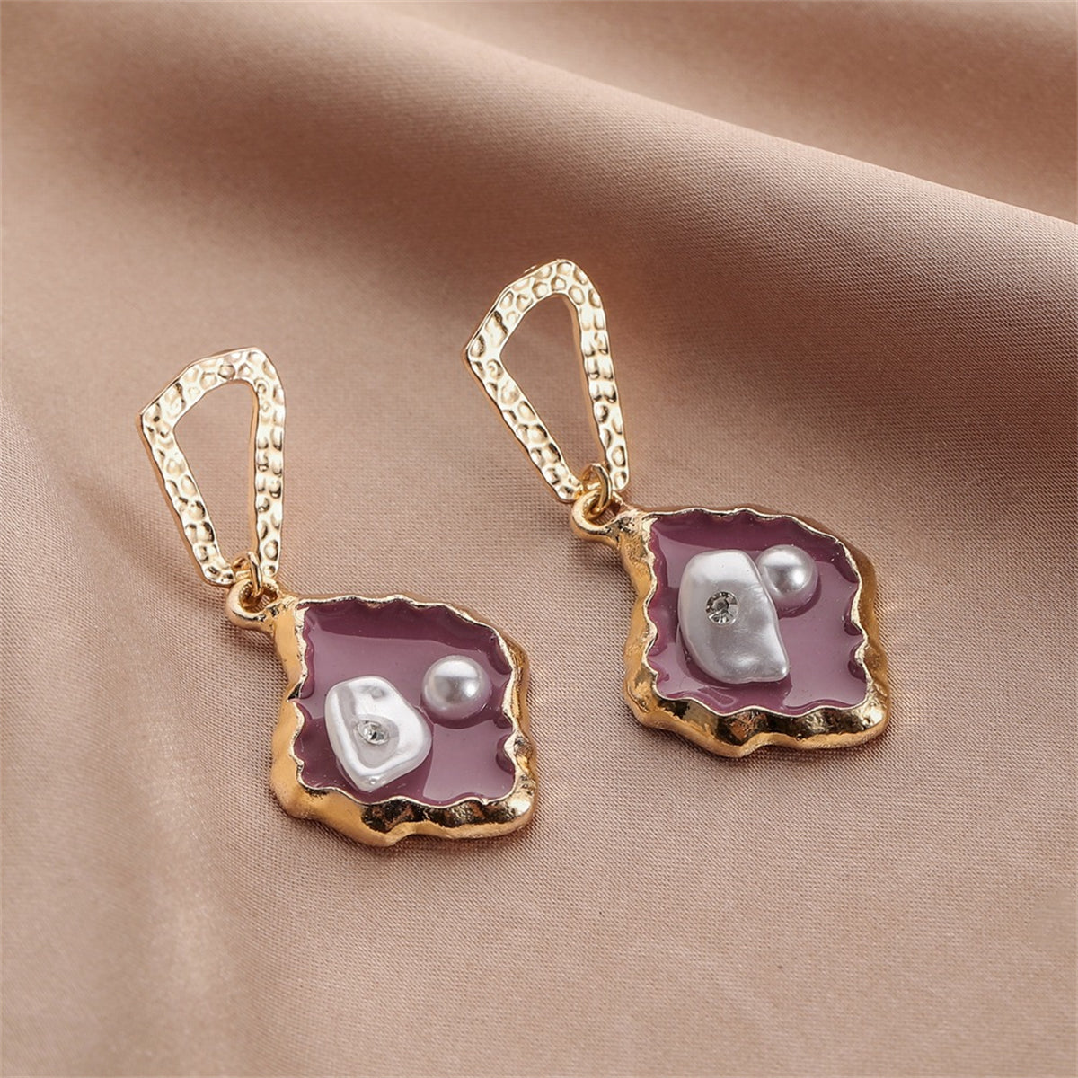 Purple Enamel & Pearl Cubic Zirconia-Accent Drop Earrings