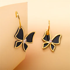 Cubic Zirconia & Black Acrylic Overlay Butterfly Drop Earrings