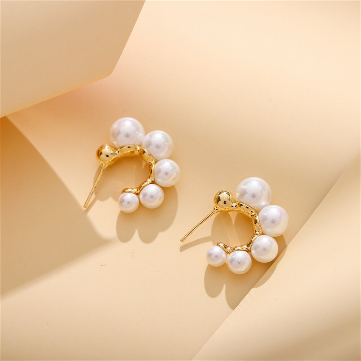Pearl and 18K Gold-Plated Beaded Huggie Earrings, gold huggie earrings, everyday style, front view