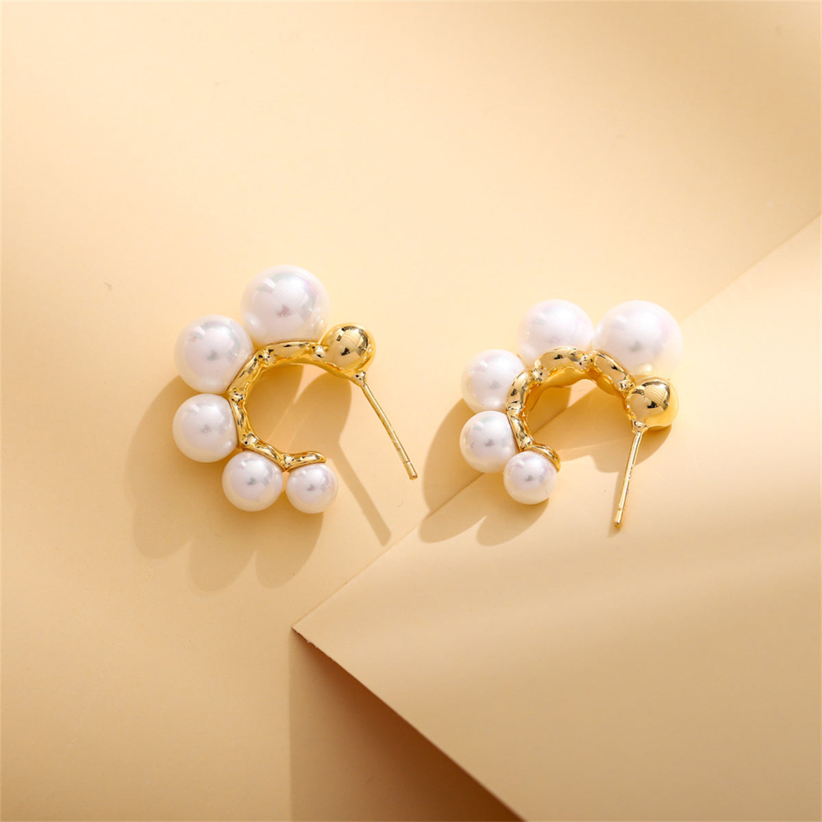 Pearl and 18K Gold-Plated Beaded Huggie Earrings, gold huggie earrings, everyday style, side view