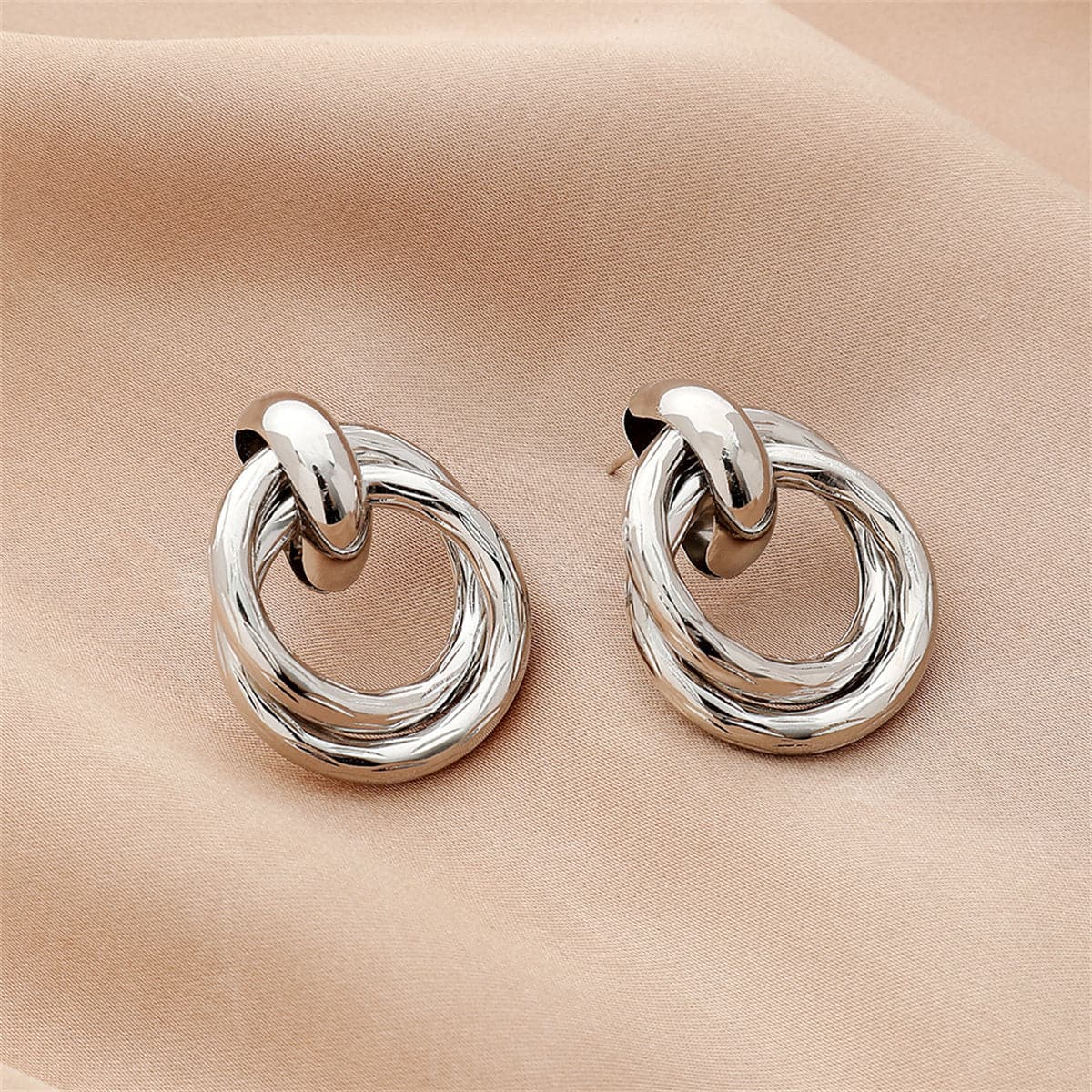 Silver-Plated Double Circle Interlocked Stud Earrings