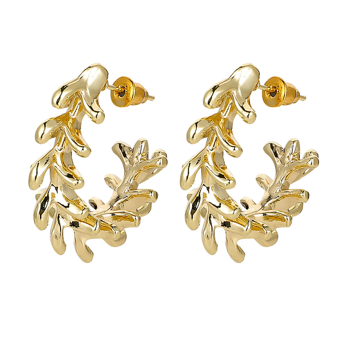 Elegant 18K gold-plated hoop earrings featuring delicate leaf designs, perfect for adding a touch of nature-inspired charm.