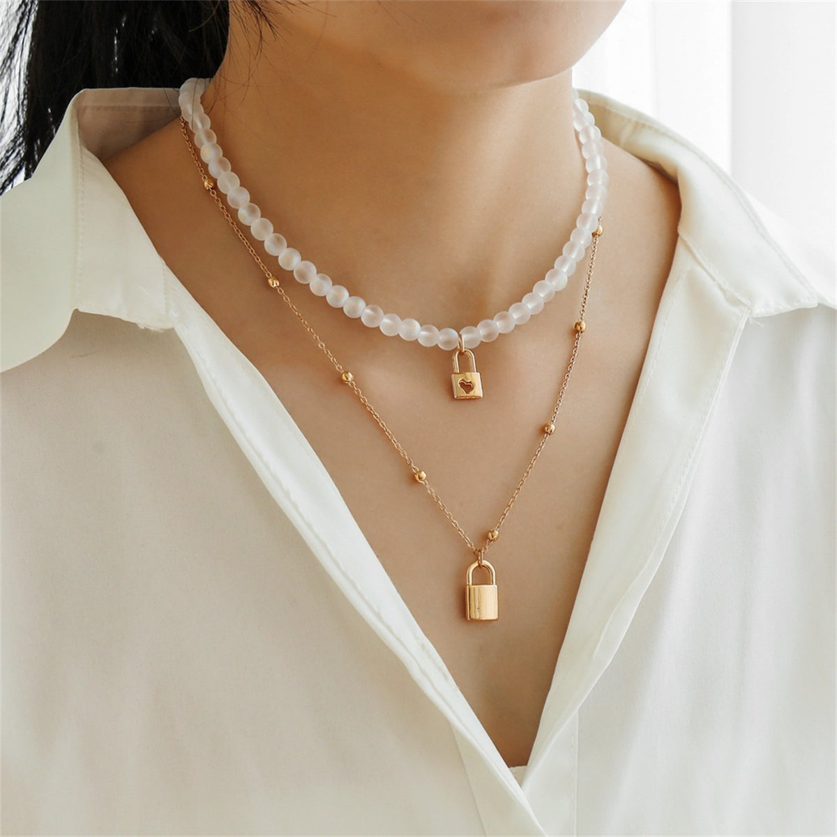 Quartz & 18K Gold-Plated Heart Lock Pendant Necklace Set