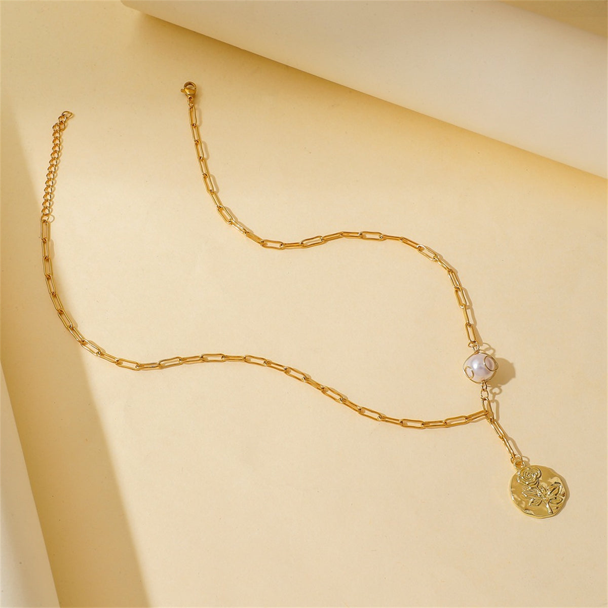 Pearl & 18K Gold-Plated Rose Lariat Necklace
