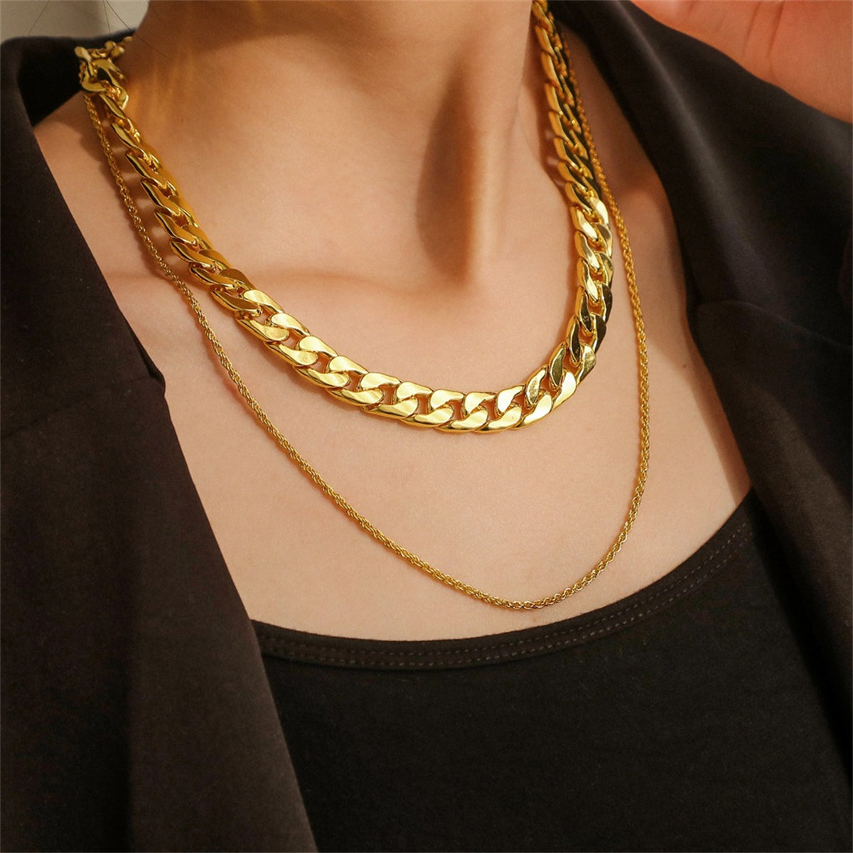 18K Gold-Plated Curb and Twine Chain Layered Necklace, gold pendant necklace for women, everyday style, lifestyle look