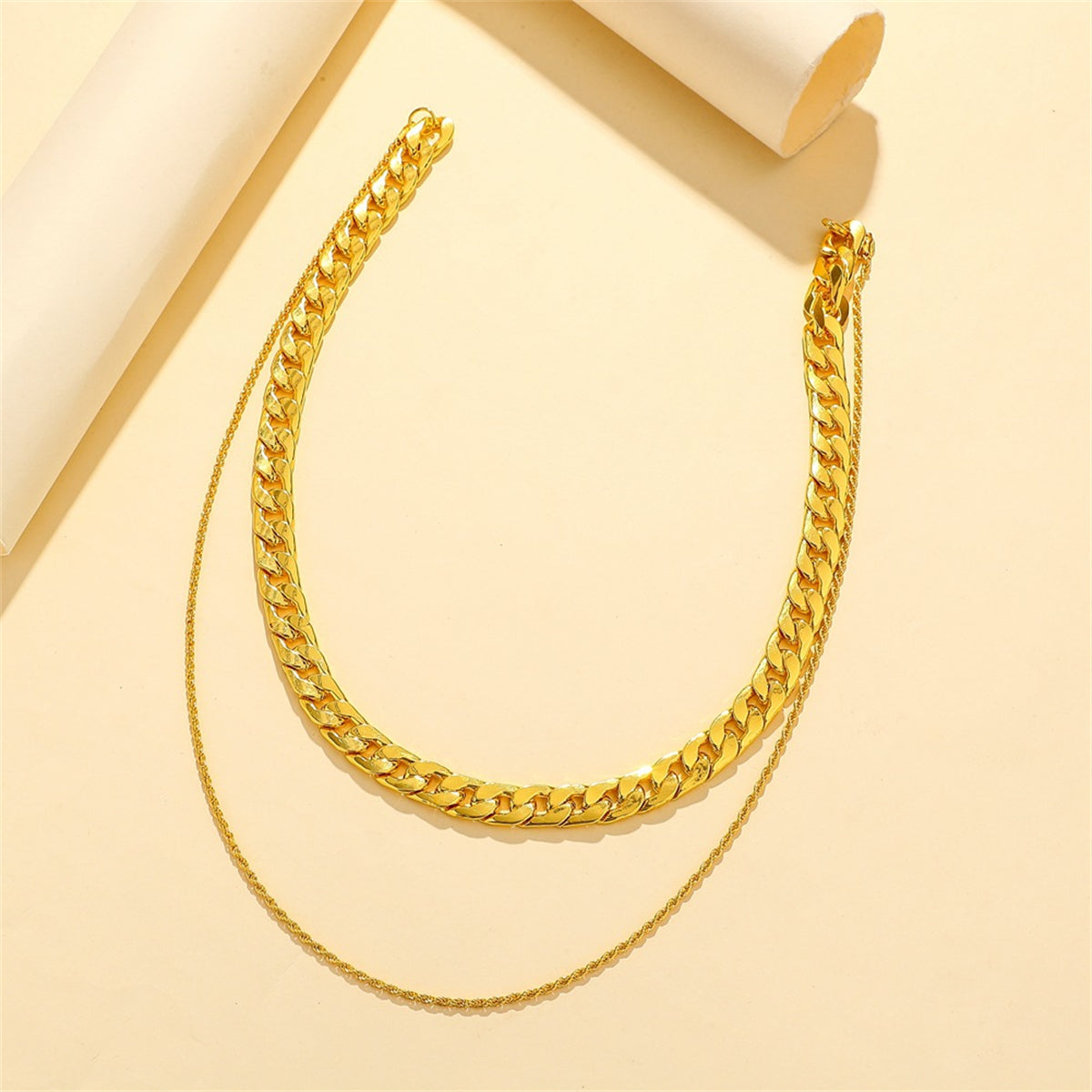 18K Gold-Plated Curb and Twine Chain Layered Necklace, gold pendant necklace for women, everyday style, detail close-up