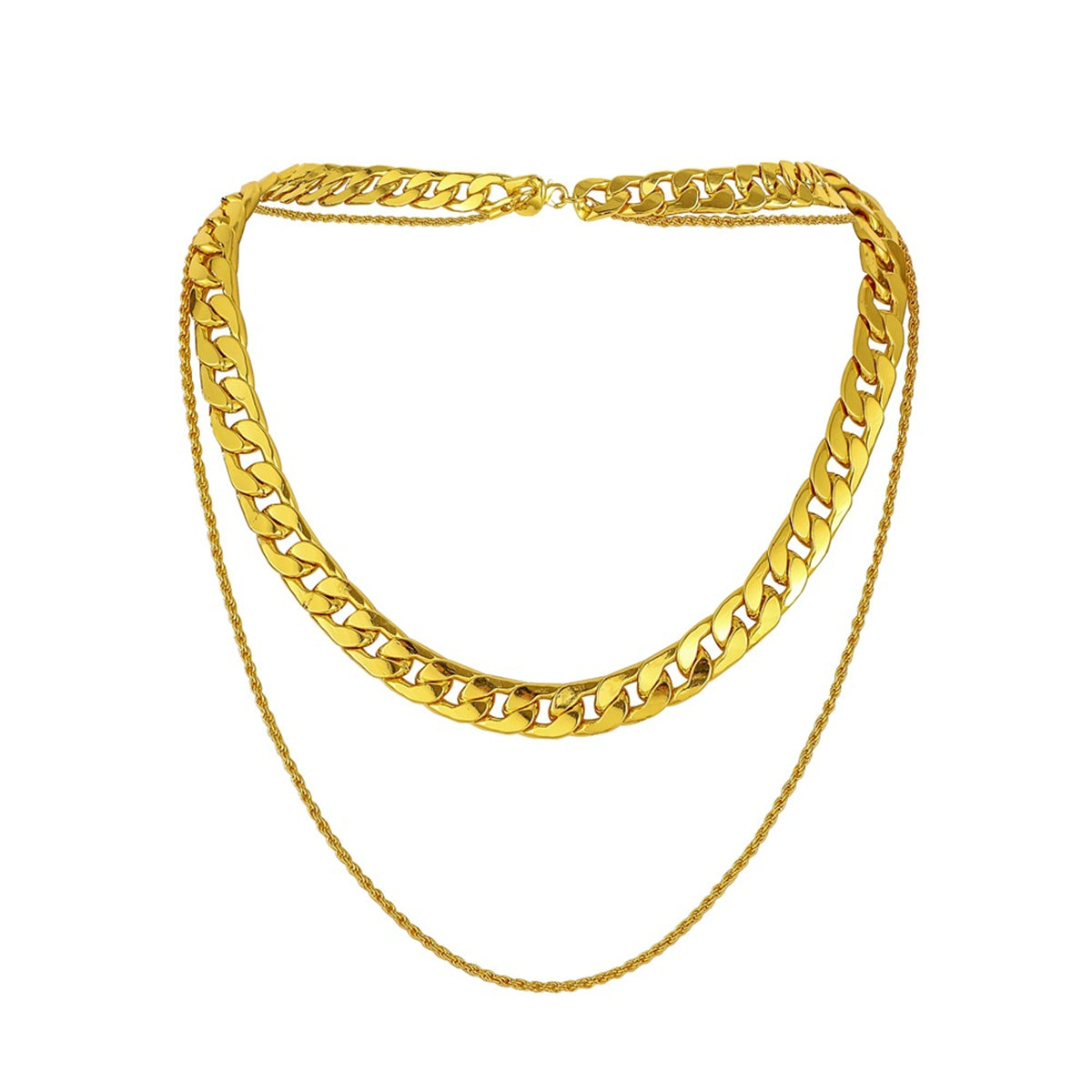 18K Gold-Plated Curb and Twine Chain Layered Necklace, gold pendant necklace for women, everyday style, front view
