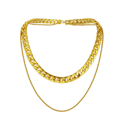 18K Gold-Plated Curb and Twine Chain Layered Necklace, gold pendant necklace for women, everyday style, front view