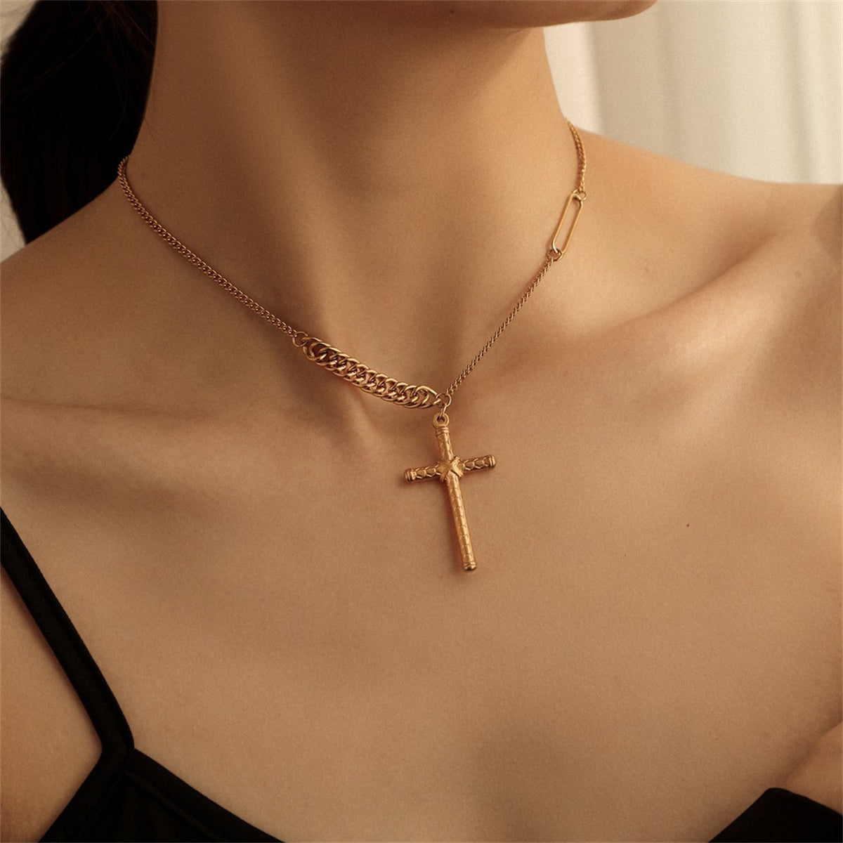 18K Gold-Plated Textured Cross Pendant Necklace, gold pendant necklace for women, botanical inspired, front view
