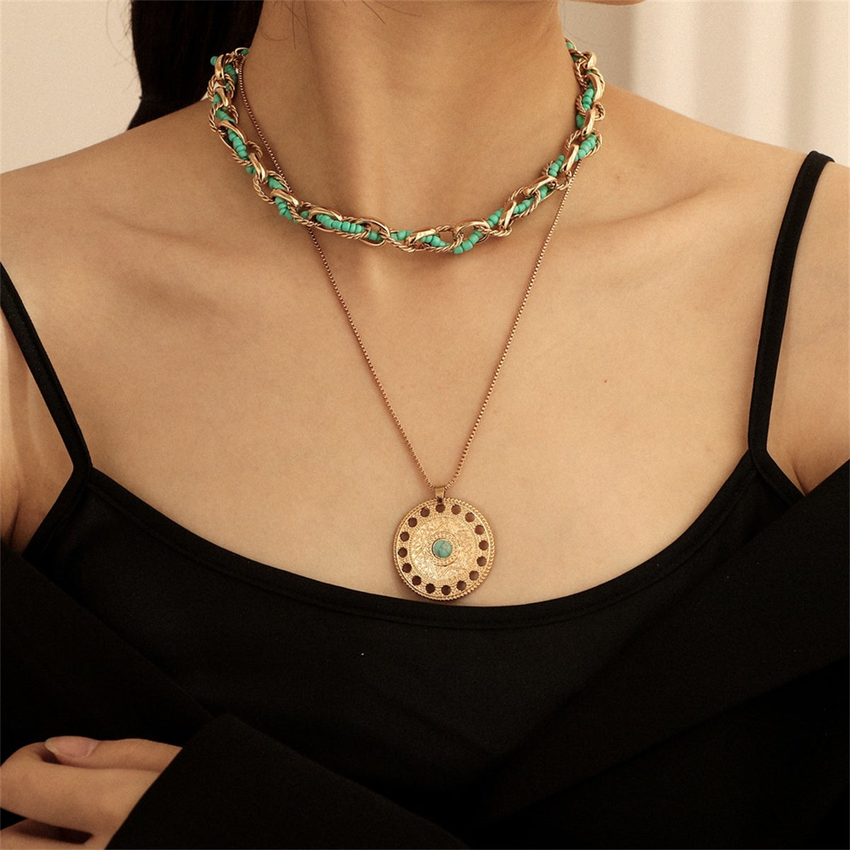 Turquoise and 18K Gold-Plated Round Pendant Necklace Set, jewelry gift sets for women, vintage-inspired design, front view