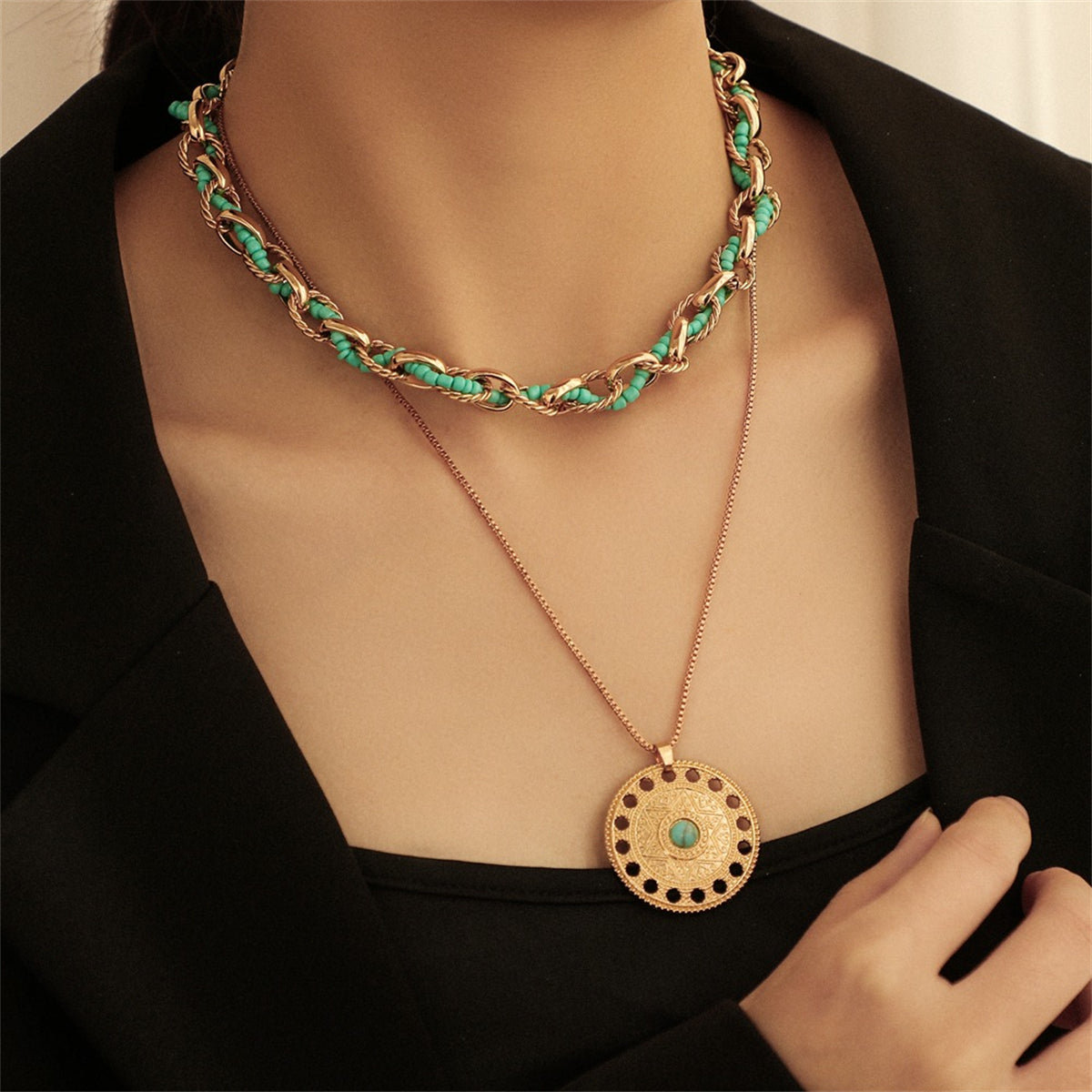 Turquoise and 18K Gold-Plated Round Pendant Necklace Set, jewelry gift sets for women, vintage-inspired design, side view